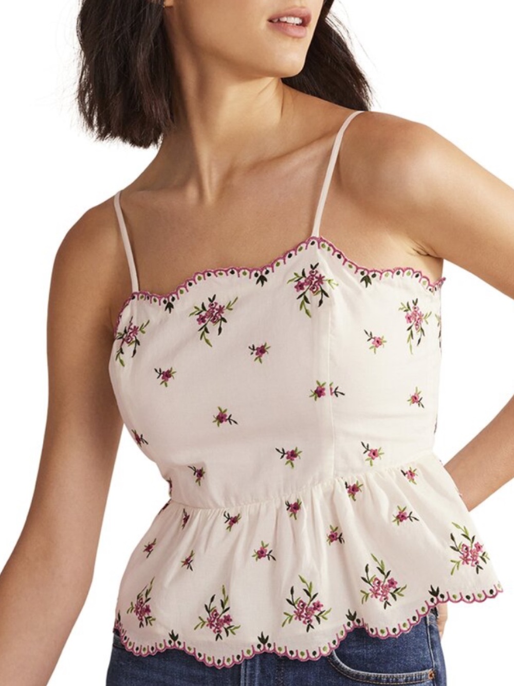 Boden Cream Spaghetti-Strap Peplum Top with Pink Floral Embroidery